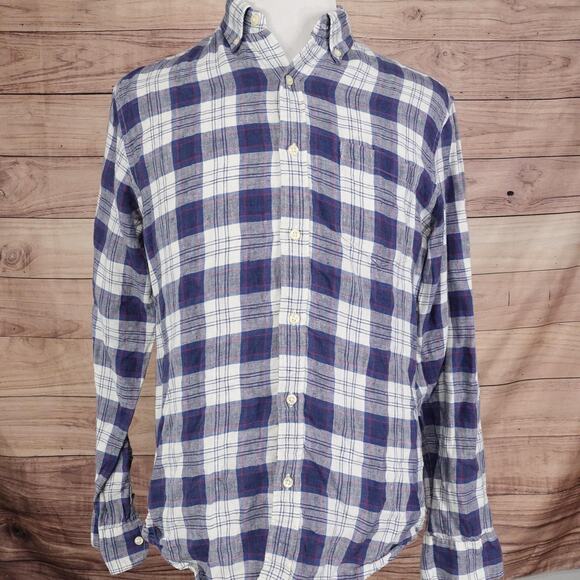 J.Crew Mercantile Shirt 100% Linen Mens Medium Blue White Plaid Button Down - Picture 3 of 8